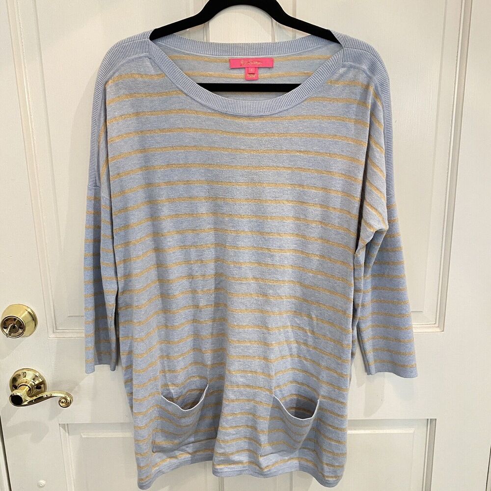 Lilly Pulitzer Cobo Sweater Womens Small Blue Metallic Gold Coastal Shell Stripe
